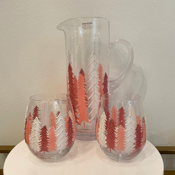 Set Of 2 Stemless Wine Glasses Hand Painted Pink and White Christmas Tree New - Picture 8 of 8